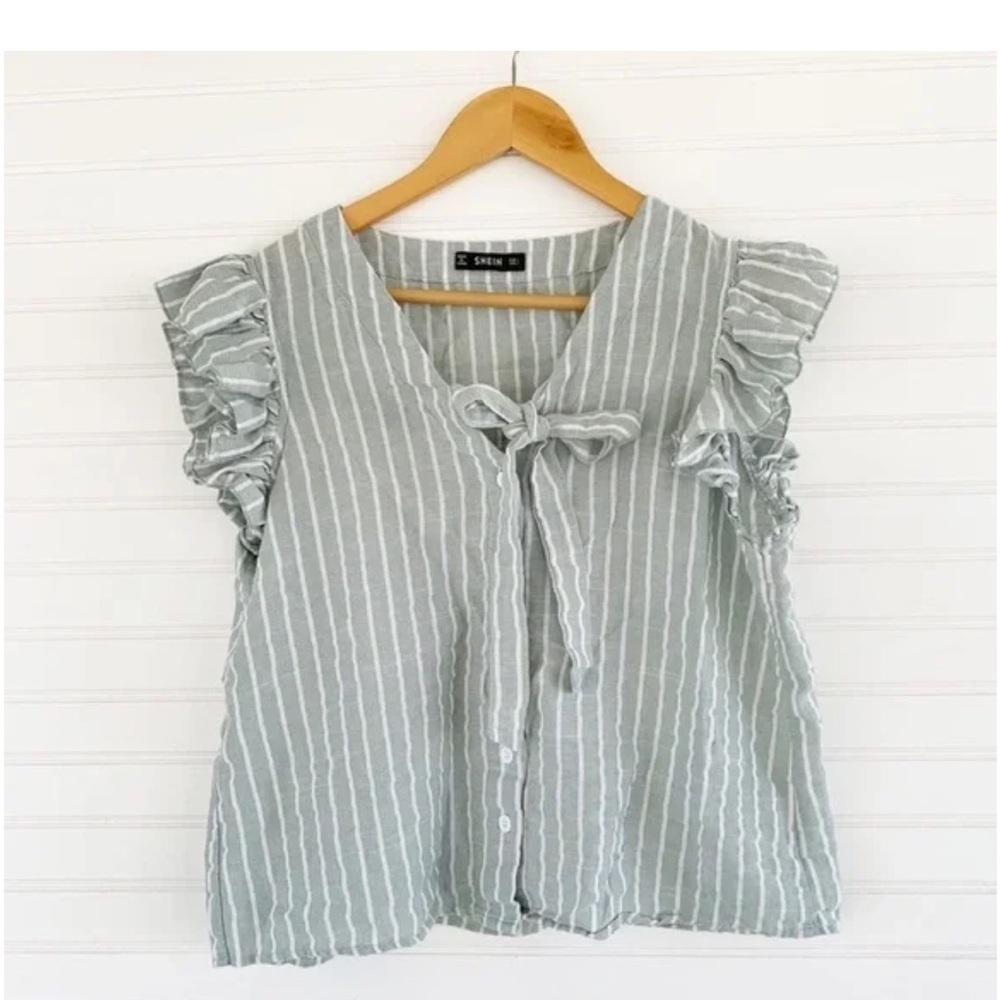 Shein Light Green White Striped Button Blouse Women’s‎ Large